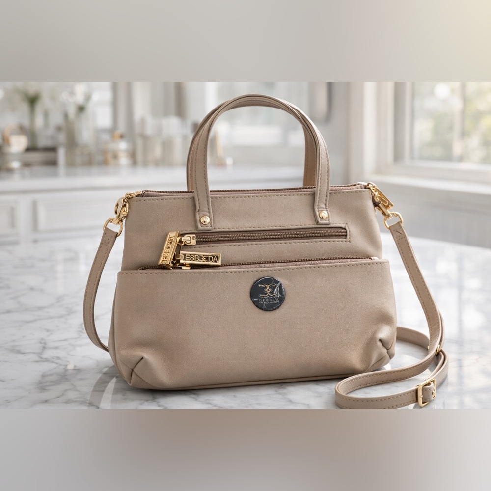 ESBEDA Beige Satchel Crossbody Handbag Gold Hardware Multi Pocket Purse